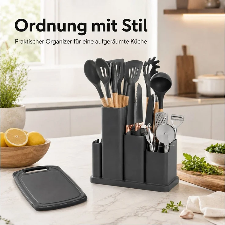 Diyarts Kochbesteck-Set (für beschichtete Pfannen, inklusive Kochmesser, Beige 23-teilig, Grün, Weiß und Schwarz je 20-teilig), Schonende Silikon-Küchenhelfer mit Holzgriffen & Messer im Set – Bild 2