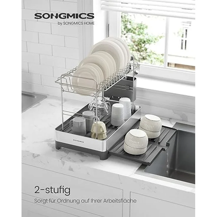 SONGMICS Abtropfgestell 2-stufig, ausziehbarer Abtropfständer, Geschirr-Abtropfgestell mit Utensilienhalter, rostfrei, für Geschirr, Messer, Löffel, Gabeln, silbern-grau KCSDE036G01 – Bild 1