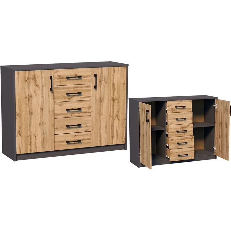Home Collective Kommode mit 5 Schubladen und 2 Türen in matter Ausführung, Kommode 110cm breit (mit hochwertigen Polymergriffen, aus laminierter Platte gefertigt, Metallrollen mit Auszugsstopp), Holz Schrank Sideboard Highboard Kommode mit Schubladen g... – Bild 2
