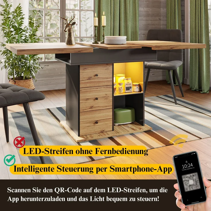 Esstisch Teleskoptisch(110-140×80cm), klappbarer Küchentisch für 4-6 Personen, Ausziehbarer Esstisch ,platzsparender Küchentisch,für Küche und Wohnzimmer,Tisch mit LED-Beleuchtung – Bild 7