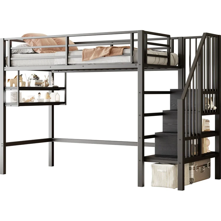Bett 90x200 cm Hochbett mit Stauraumleiter und Einlegeböden – platzsparendes Kinderhochbett in Schwarz – Bild 6
