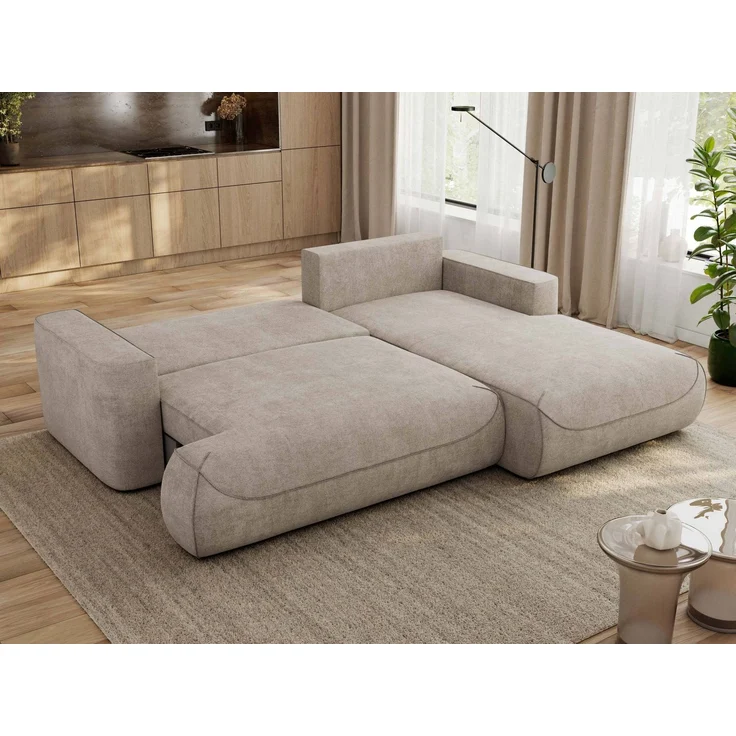 Ecksofa OVO mit schlaffunktion und bettkasten, Wellenfeder, lose Kissen, L-form 271x195 cm - Beige Struktur - rechte Seite – Bild 3