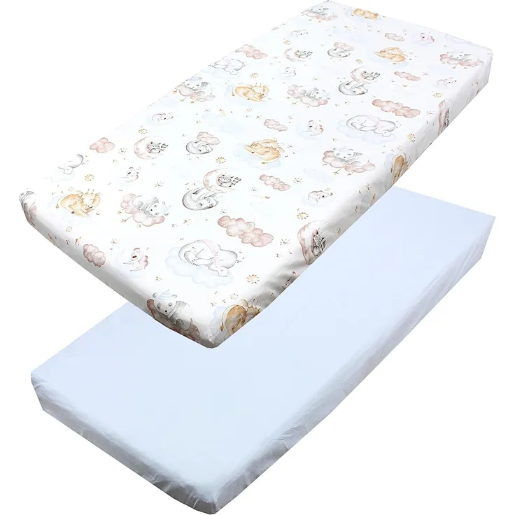 TupTam Spannbettlaken Baby, für Babybett/Kinderbett, 2er Pack, Tiere auf Wolken / Blau, 70x140 cm