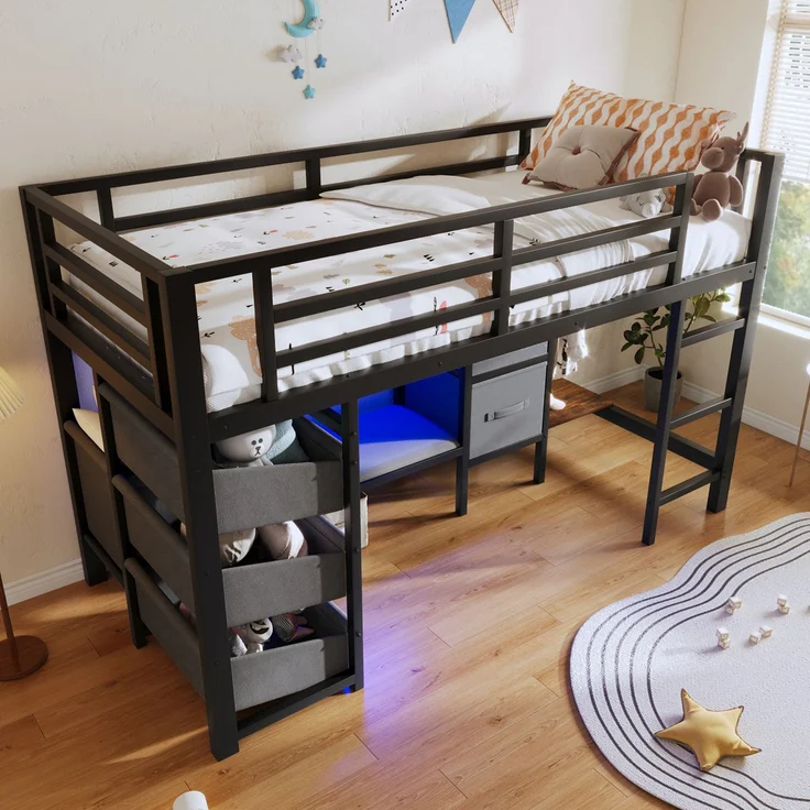 Kinderbett Halbhohes Bett 90x200 cm aus Metall mit LED-Beleuchtung, Sitzkissen, Stauraumschublade und Aufhängebereich – Bild 4