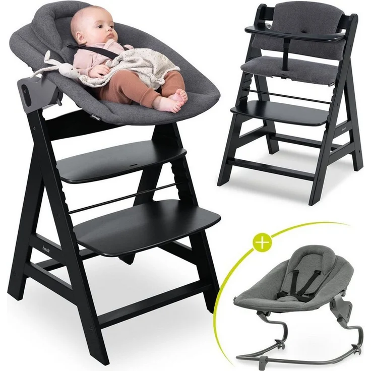 Hauck Tischsitz Alpha Plus Black Newborn Set Premium, Holz Babystuhl ab Geburt inkl. Aufsatz für Neugeborene & Sitzauflage – Bild 1