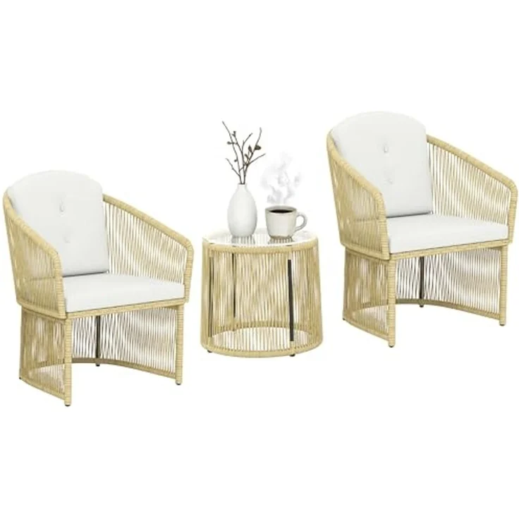 Outsunny Sitzgruppe Rattan-Bistro-Set, (Set, 3-tlg, 1 Tisch, 2 Sessel), Rattan-Bistro-Set mit Kissen – Bild 1