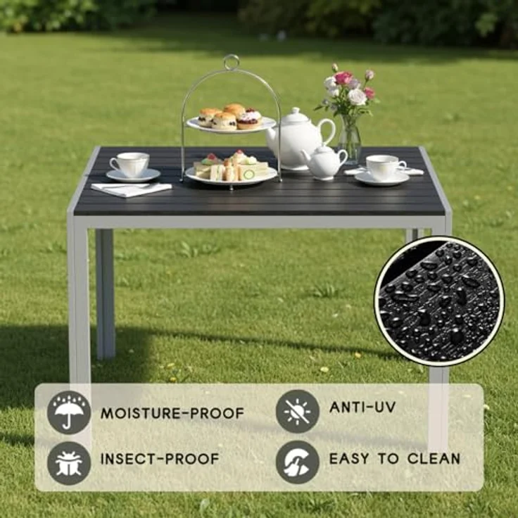 Clevich Gartentisch Wetterfeste, 110x70 cm, Outdoor-Esstisch, WPC-Balkontisch, Aluminiumrahmen, Wetterfeste Gartenmöbel, quadratischer Terrassentisch, Silber Grau – Bild 4