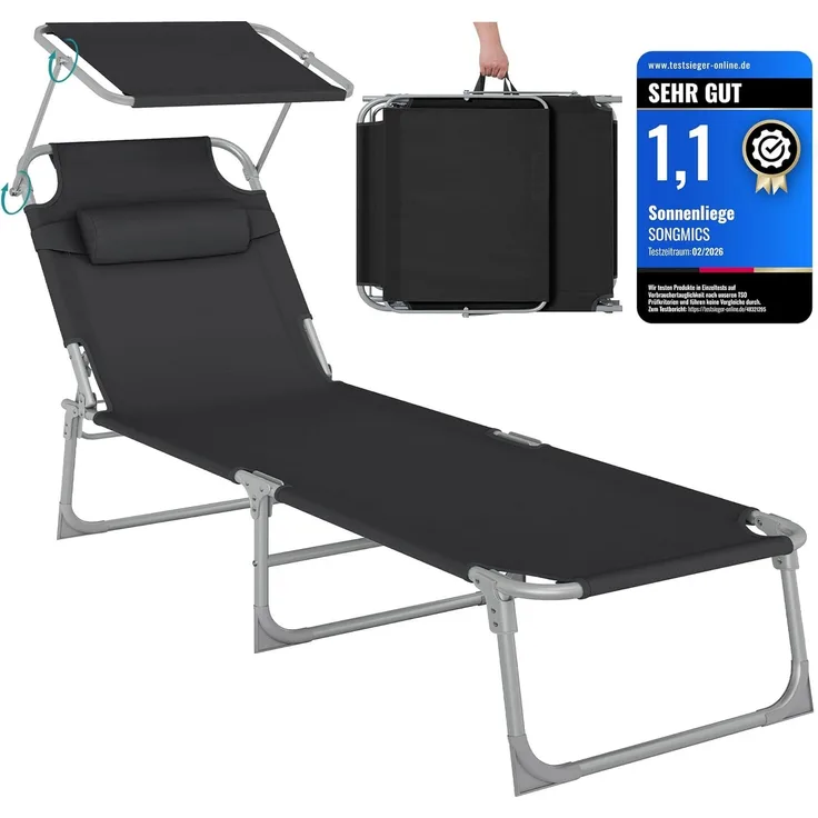 Sonnenliege, klappbarer Liegestuhl, 193 x 53 x 29 cm, max. Belastbarkeit 150 kg, mit Sonnenschutz, Kopfstütze und Verstellbarer Rückenlehne, für Garten, Pool, Terrasse, Schwarz, 1 Liege