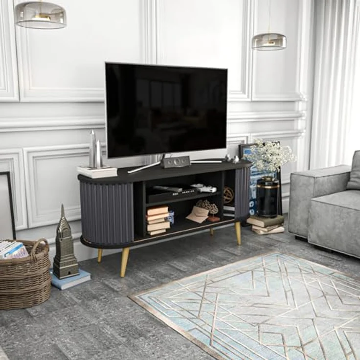 Hanah Home Stylish TV Stand, Black & Anthracite, 140 x 43 x 64 cm | 100% Melamine Coated Particle Board, 18 mm Thick | Modern Design for Living Room – Bild 6