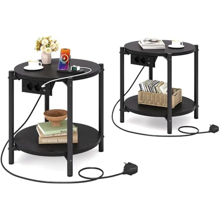 IRONCK Beistelltisch rund, Couchtisch mit Steckdose, Kleiner Tisch Holz, Wohnzimmertisch 2 Ablagen,Sofatisch,USB & Type-C-Anschluss, Metallrahmen, Nachttisch für Schlafzimmer (Schwarz, 2 Stücke) – Bild 2