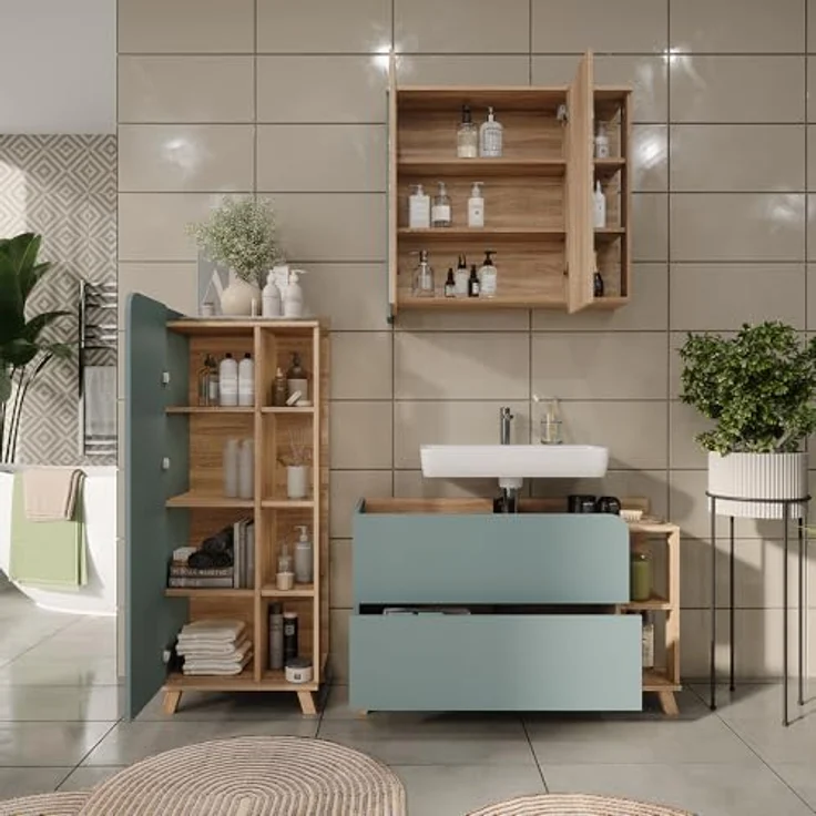 Vichy Badmöbel-Set Karen, Sonoma/Blau, 3-teilig mit elegantem Waschbeckenunterschrank und geräumigem Spiegelschrank – Bild 7