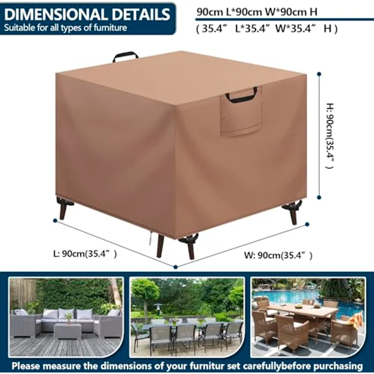 Aujink Abdeckung Gartenmöbel Winterfest, Wasserdichte Schutzhülle Gartenmöbel 420D Oxford Anti-UV Abdeckplane für Gartentische Terrassenmöbel Regenschutz und Staubfest Abdeckhaube Khaki 90 x 90 x 90 cm – Bild 3