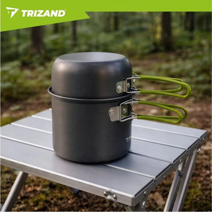 Trizand Geschirr-Set Camping Kochset 1,2L Aluminium faltbar Outdoor Trekking Geschirr (6-tlg), 2 Personen, Edelstahl, faltbare Griffe leichtes Aluminium kompakt mit Klappbesteck – Bild 2