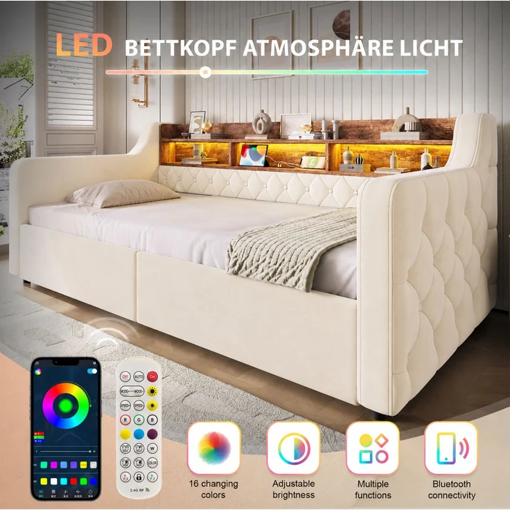 Polsterbett 90x190 cm in Beige mit LED, Ablagefläche und 2 Schubladen – Ohne Matratze – Bild 8