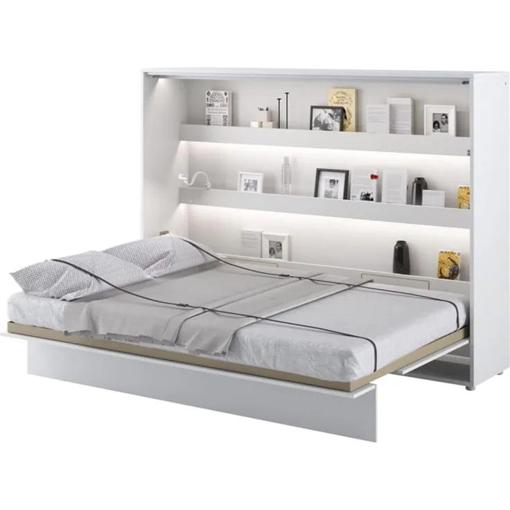 MEBLINI Schrankbett Bed Concept - BC-04 - 140x200cm Horizontal - Weiß Hochglanz/Weiß mit Matratze - Wandbett mit Lattenrost - Klappbett mit Schrank - Wandklappbett - Murphy Bed - Bettschrank