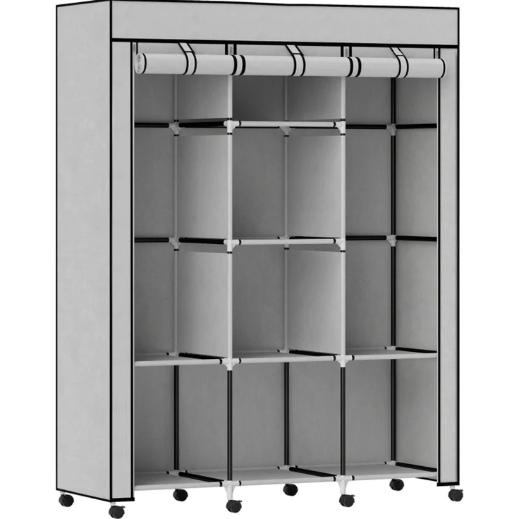 Stoffschrank 125x43x162,5 cm mit 8 Regalen und 2 Kleiderstangen – hellgrauer Faltschrank – Bild 2