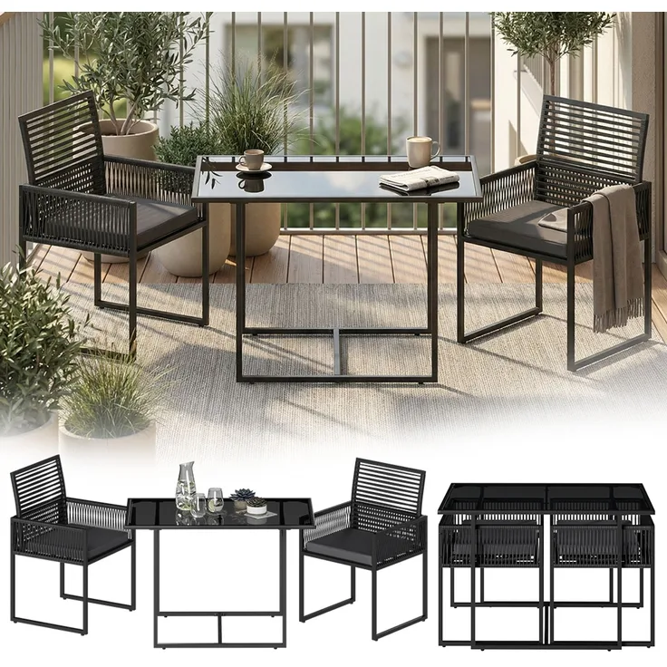 STEELSØN 'Kynaris' 3-tlg. Gartenmöbel-Set, Sitzgruppe aus 2 Polyrattan-Stühlen und Gartentisch, Metall, zusammenklappbar, schwarz/anthrazit, wetterfest