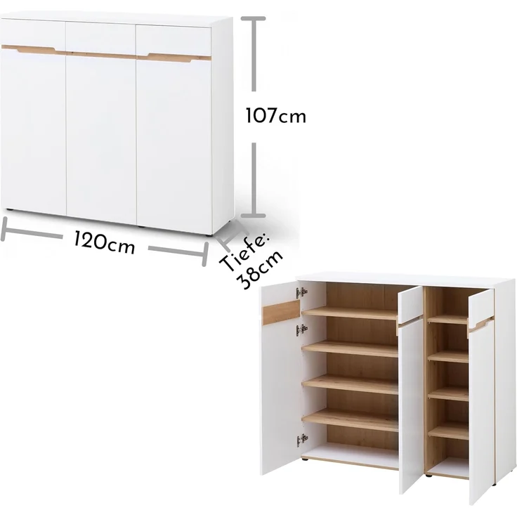 Memphis Schuhschrank in Weiß, Artisan Eiche Optik - Schuhregal mit viel Stauraum für Ihre Schuhe - 120 x 107 x 38 cm (B/H/T) – Bild 3