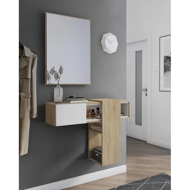 Dmora - Eingangsmöbel Baffin, Moderner Eingang, Wandgarderobe, Multifunktions-Aufbewahrungskonsole, 100x31h75 cm, Eiche und Weiß – Bild 5