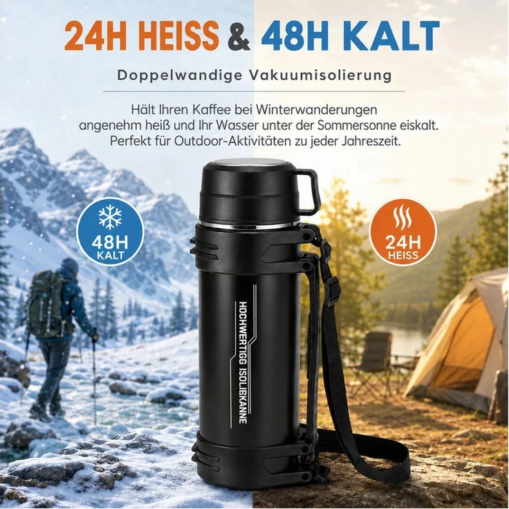 BlingBin Isolierflasche Thermosflasche 2L, Doppelwandige Trinkflasche Isolierte Edelstahl, mit Trinkbecher, Tragegriff und Schultergurt für Camping & Outdoor – Bild 4