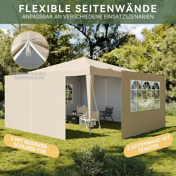 Aoxun Pop Up Pavillon 3x3 Wasserdicht mit 4 Seitenwänden, Metallrahmen-Schutzzelt, Höhe Verstellbar, 3mx3m Faltpavillon mit Tragetasche für Camping Party, Beige – Bild 5