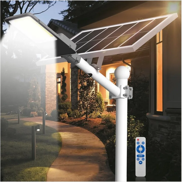 Rhein Beleuchtung LED Solarleuchte 1000W Solarlampen für Außen mit Bewegungsmelder & Fernbedienung, Solarlampen für außen, wetterfest, LED fest integriert, Kaltweiß, 6500K kaltweiß, IP67 – solar Strahler außen mit 1022 LEDs