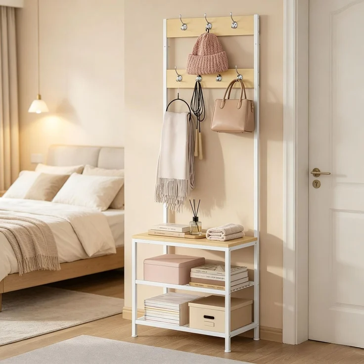 Vielseitiges Mantelhalter,Moderne Kleidungshalter,3 in 1 Design Kleidungsorganisator,Flur Kleidungshalter(nur mit Kleidungshalter)--Weiß--31.5x60x170cm--YOUDENOVA – Bild 5