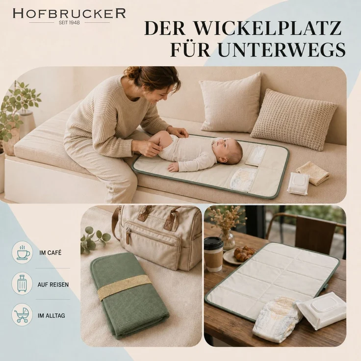 Hofbrucker® Windeltasche, Wickeltasche mit Wickelunterlage für unterwegs, faltbare Wickelclutch mit Organizer für Windeln & Feuchttücher, Abwischbar, Must Have für die Baby Erstausstattung (Salbei) – Bild 6