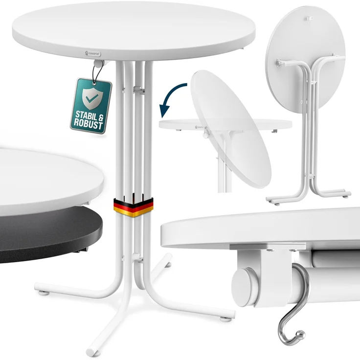 Casaria® Stehtisch 2er Set Klappbar Outdoor Gastro Bistrotisch 2X Haken Ø 70 cm Rund Witterungsbeständig Weiß Partytisch pulverbeschichtet Metall MDF