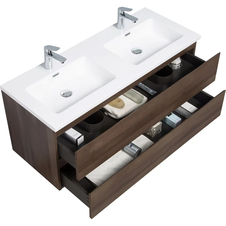 Badplaats Badmöbel Set mit Waschbecken und Unterschrank Angela 120 x 48 cm Braun Eiche - Waschbeckenunterschrank mit Soft-Close und Doppelwaschbecken, Vorgemontiert – Bild 2