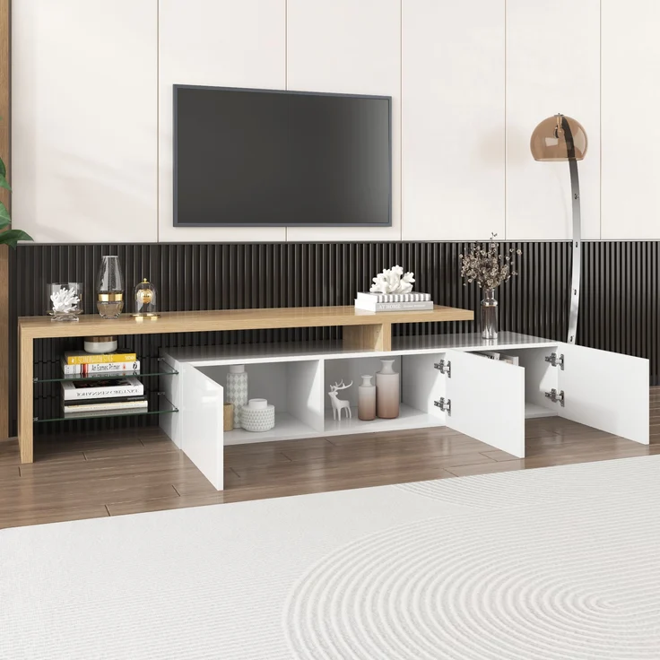 TV-Lowboard, MDF/Glas mit LED-Lichtstreifen & Glasböden, 197,5x39x42 cm, Natur/Weiß – Bild 9