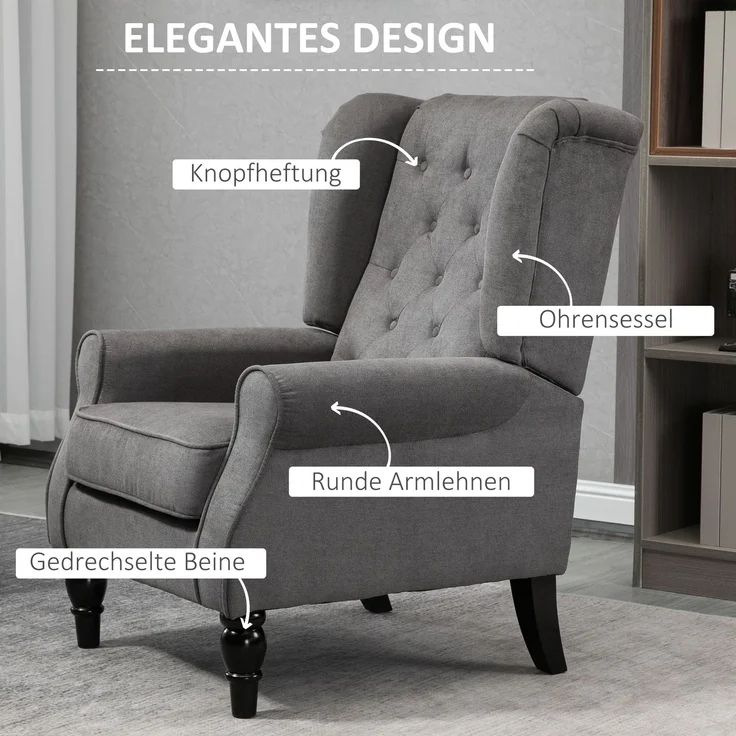 Einzelsessel Relaxsessel Ohrensessel mit Tufting, Holzfüße, Polyester, Dunkelgrau, 74x86x102cm für Wohnzimmer & Schlafzimmer--Dunkelgrau--74x86x102cm--YOUDENOVA – Bild 4