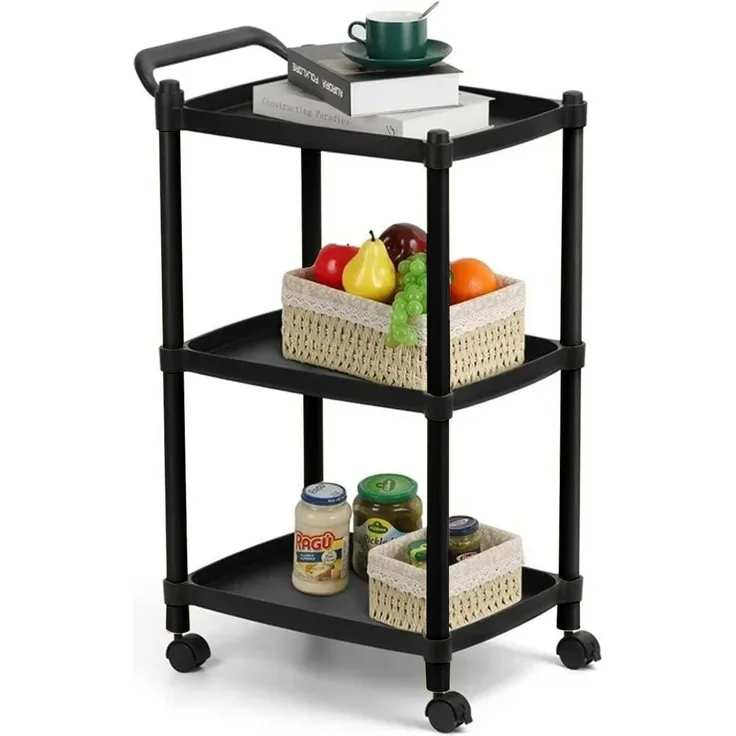 Avilia Küchenwagen mit 3 Ablagen und Rollen – 46 x 33 x 74 cm, Küchenwagen schwarz – ergonomischer Griff, Gestell aus robustem Polypropylen – ideal für Küche, Bad und Büro