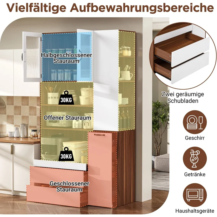 Highboard mit verstellbaren Regalböden und Schubladen, Buffetschrank mit ausziehbaren Regalböden und Riffelglas , Ideal für Esszimmer, Wohnzimmer und Küche (Weiß+Nussbaum) – Bild 7