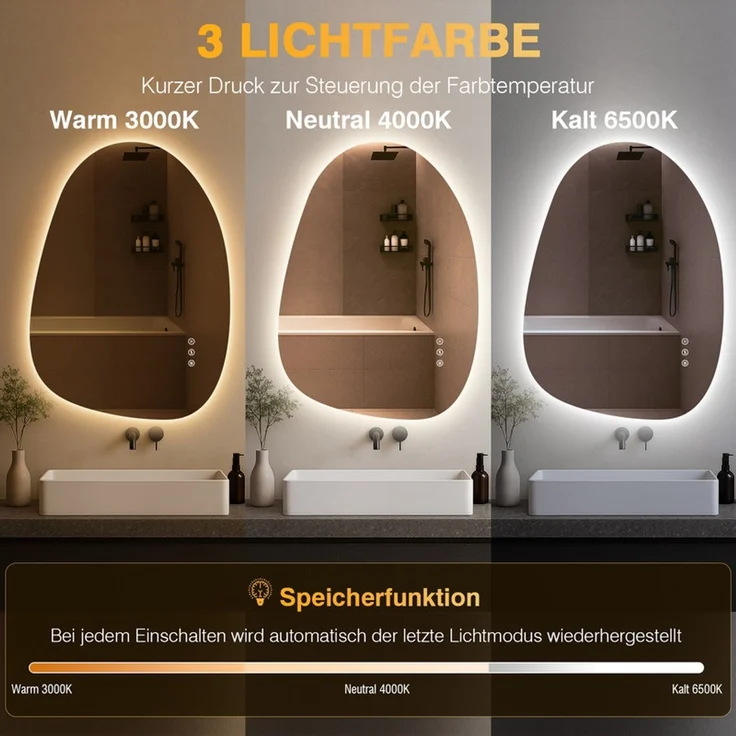 Pesenxan Asymmetrischer LED Badspiegel 83x60 cm, rahmenloses Design, 3 Lichtfarben dimmbar & Memory-Funktion, Anti-Beschlag Technologie, Touch-Steuerung & Wandschalter kompatibel, IP44, für Badezimmer, Schlafzimmer & Friseursalon, Silber – Bild 3