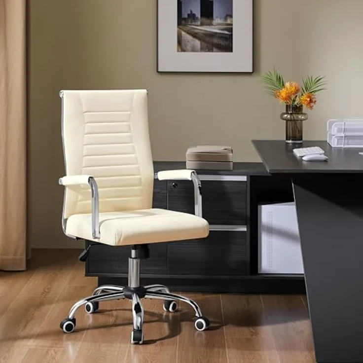 Yaheetech Bürostuhl ergonomischer Schreibtischstuhl mit Armlehnen, Chefsessel Computerstuhl hoher Rückenlehne, Arbeitsstuhl mit Wippfunktion bis 136 kg Belastbar Beige – Bild 3
