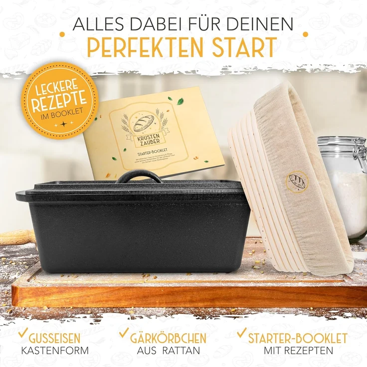 Krustenzauber Brotbackform mit Deckel inkl. Gärkorb - Robuste 28cm Backform aus Gusseisen, (Ideal als Kastenform, Toastbrot Backform), Brotform, Gusseisen Topf Brot backen Zubehör, Brottopf – Bild 3