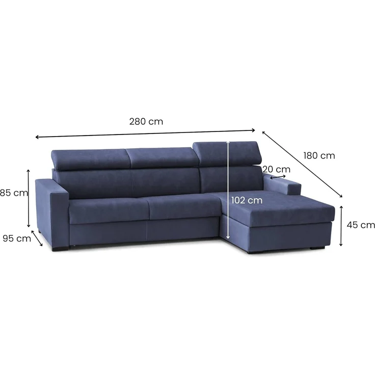 Talamo Italia - Schlafsofa mit Halbinsel Alberta, Sofa mit rechter Stauraumhalbinsel, Standardarmlehnen, 100 % Made in Italy, 280 x 95 x 85 cm, Blau – Bild 2