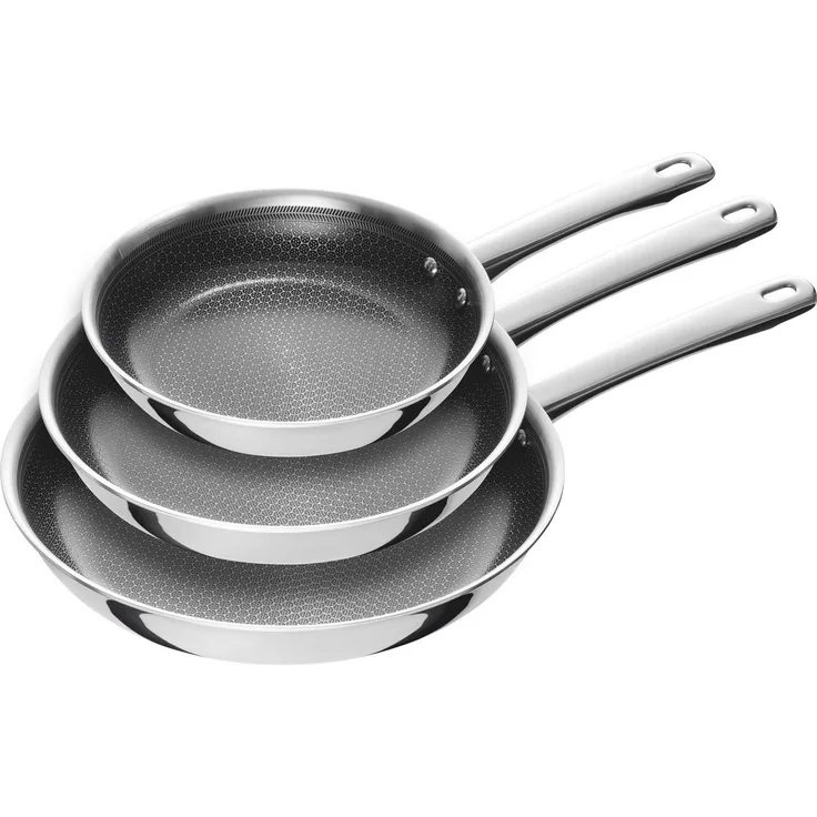 HENCKELS by ZWILLING Pfannen-Set Valley, Edelstahl (Set, 3-tlg, 1 Bratpfanne (20 cm), 1 Bratpfanne (24 cm), 1 Bratpfanne (28 cm), Keramikbeschichtung, Soft-Touch-Griffe, fettarmes Braten, Edelstahl