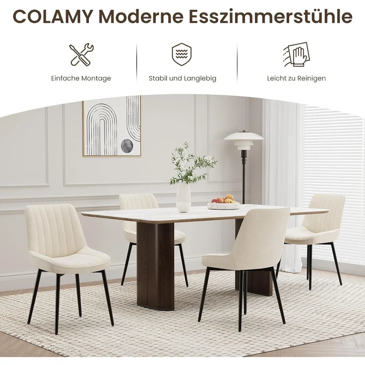 COLAMY Samt Esszimmerstühle 4er Set – Gepolsterte Stühle für Esszimmer & Küche mit Metallbeinen, Dickem Sitzpolster & Rutschfesten Füßen, Beige – Bild 4