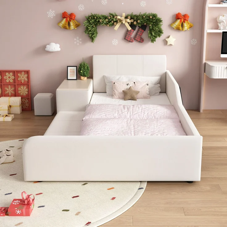 Polsterbett, Einzelbett mit Kinderschreibtisch und Hocker, Mit Ablageboden, Weiches Kopfteil, Kinderbett mit Holzlatten, Samt, Weiß, 90x200 cm – Bild 3