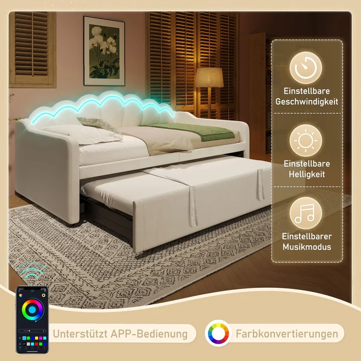 Merax Einzelbett, Kinderbett 90x200cm(180x200cm), Schlafsofa, Tagesbett mit ausziehbarem Bett, Samt, Farbwechselbarer LED-Streifen, Beige – Bild 7
