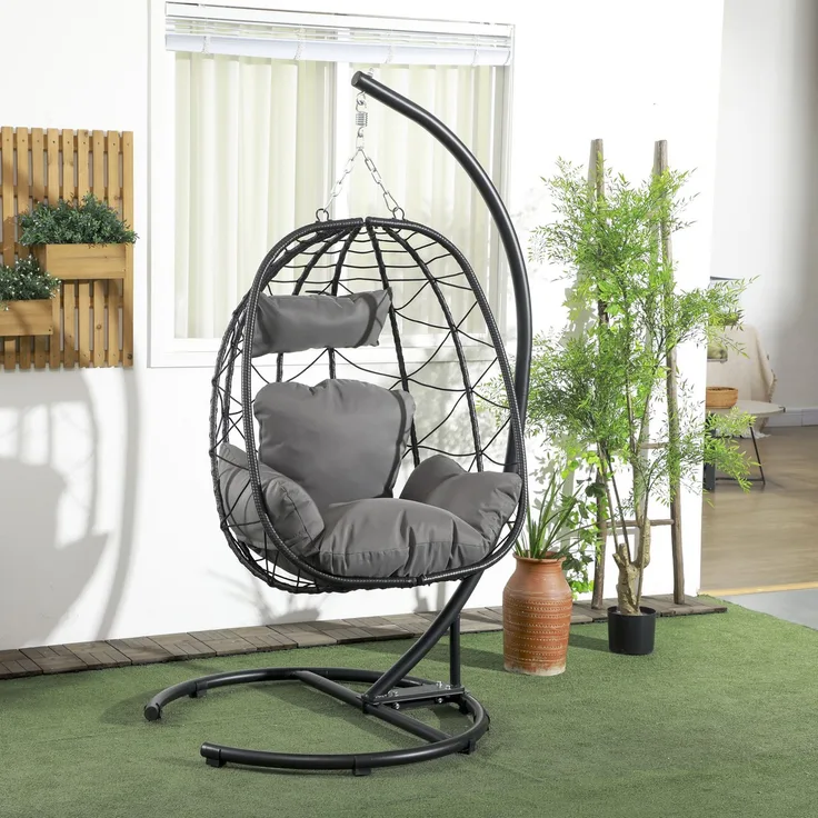Hängesessel 102 x 102 x 195 cm aus PE-Rattan mit Gestell, Kissen und Schutzhülle – Schwarz