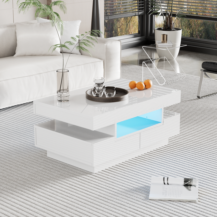 Couchtisch mit LED Beleuchtung Weiß Hochglanz Wohnzimmer Tisch mit Schubladen und offenen Fächern