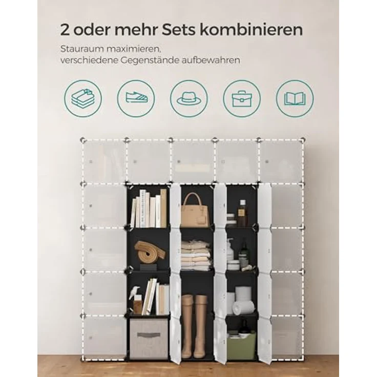 Songmics Regalsystem, Schuhregal, Set aus 12 Würfeln, Kleiderschrank aus Kunststoff, mit Türen, Steckregal, Aufbewahrung von Kleidung, Schuhen und Büchern, einfache Montage, schwarz LPC34HV1 – Bild 6