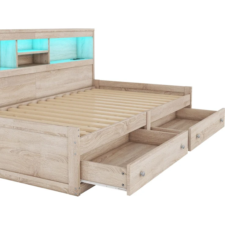 Holzbett mit LED-Beleuchtung und Stauraum, 90x200 cm, Einzelbett mit Mehrfachsteckdose und Lattenrost, Jugendbett – Bild 10