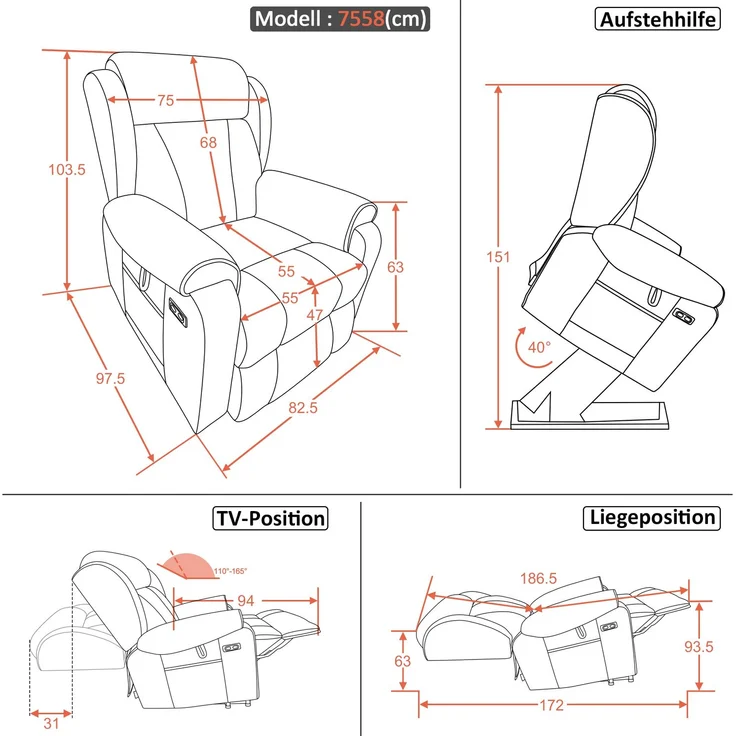 M MCombo 4-Motoren-Fernsehsessel mit Aufstehhilfe Elektrisch, Elektrische Lenden- & Kopfstütze 165°Zero-Gravity Sessel mit Aufstehhilfe, Massage & Heizung 7558 (Stoff, Dunkelgrau) – Bild 3