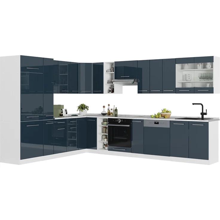 Eckküche Fame-Line Dunkelblau Hochglanz/Weiß 347 x 257 cm ohne Arbeitsplatte Vicco – Bild 6