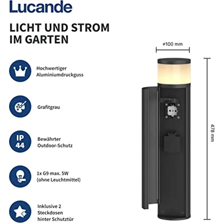 Lucande Wegeleuchte, Sockelleuchte mit 2 Steckdosen, IP44, 47,8 cm, Aluminiumdruckguss, G9 Fassung ohne Leuchtmittel, grafit – Bild 2