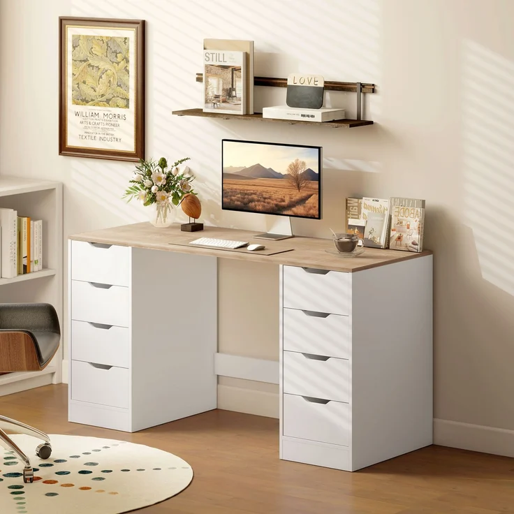 MELAYR, 140 cm Computertisch, 8 Schubladen, Schreibtisch für Homeoffice, Schlafzimmer, Stahl, Holz, Natur, Naturholz – Bild 4